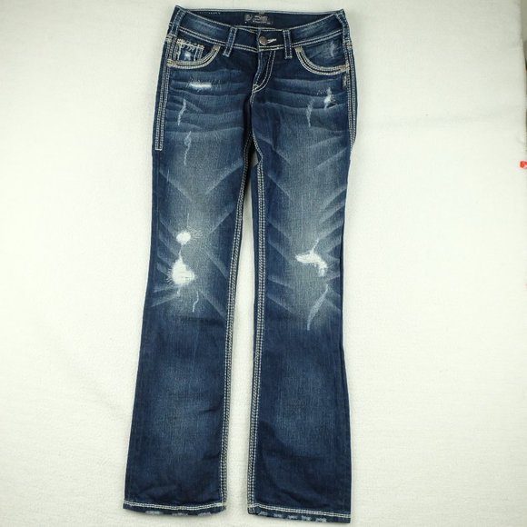 Size 27 Silver Suki Womens Blue Jeans Distressed Bootcut Stone Wash - Picture 14 of 14